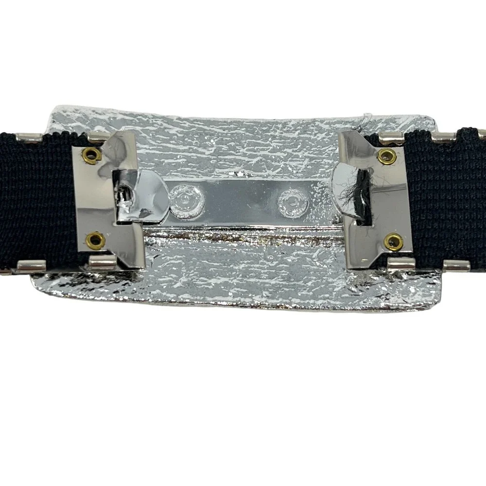 Vintage Stretch Metal‎ Belt Silver Tone Fish Scale Wide Buckle Disco Belt